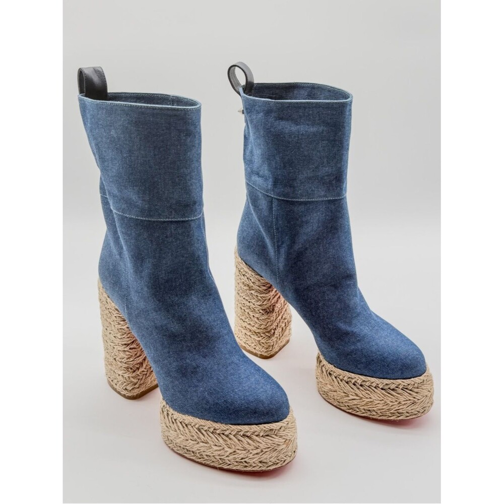 Christian Louboutin Denim Platform Ankle Boots  Espadrille Block Heel 130 EU 38